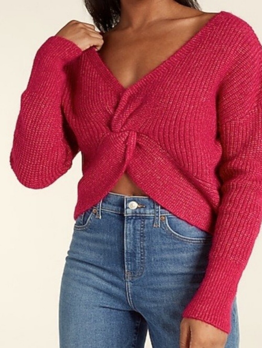 Express Reversible Twist Front Sweater Large Pink Cropped V-Neck